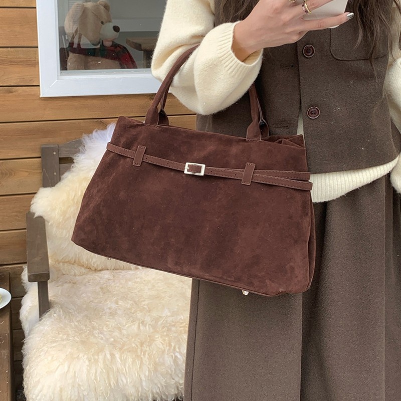 Chic Suede Tote Bag with Buckle Detail - Everyday Carryall