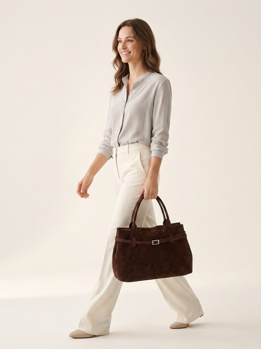 Chic Suede Tote Bag with Buckle Detail - Everyday Carryall