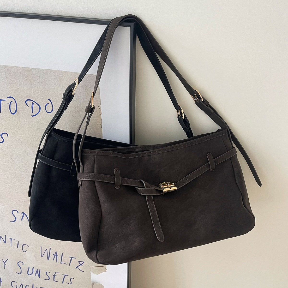 Chic Suede Shoulder Bag with Buckle Detail