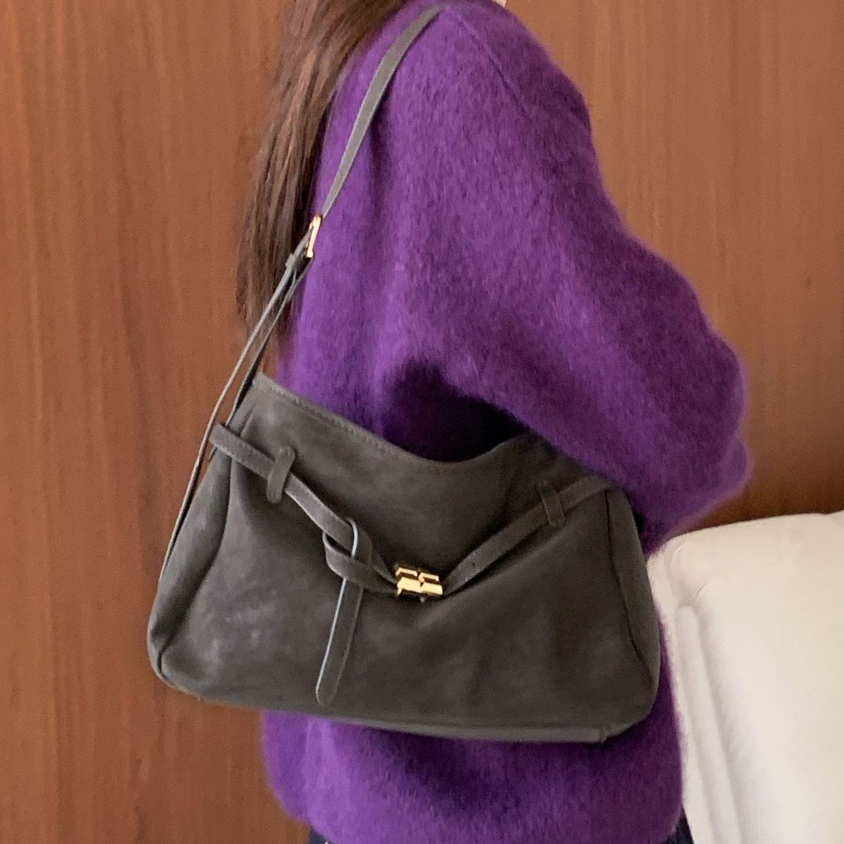 Chic Suede Shoulder Bag with Buckle Detail