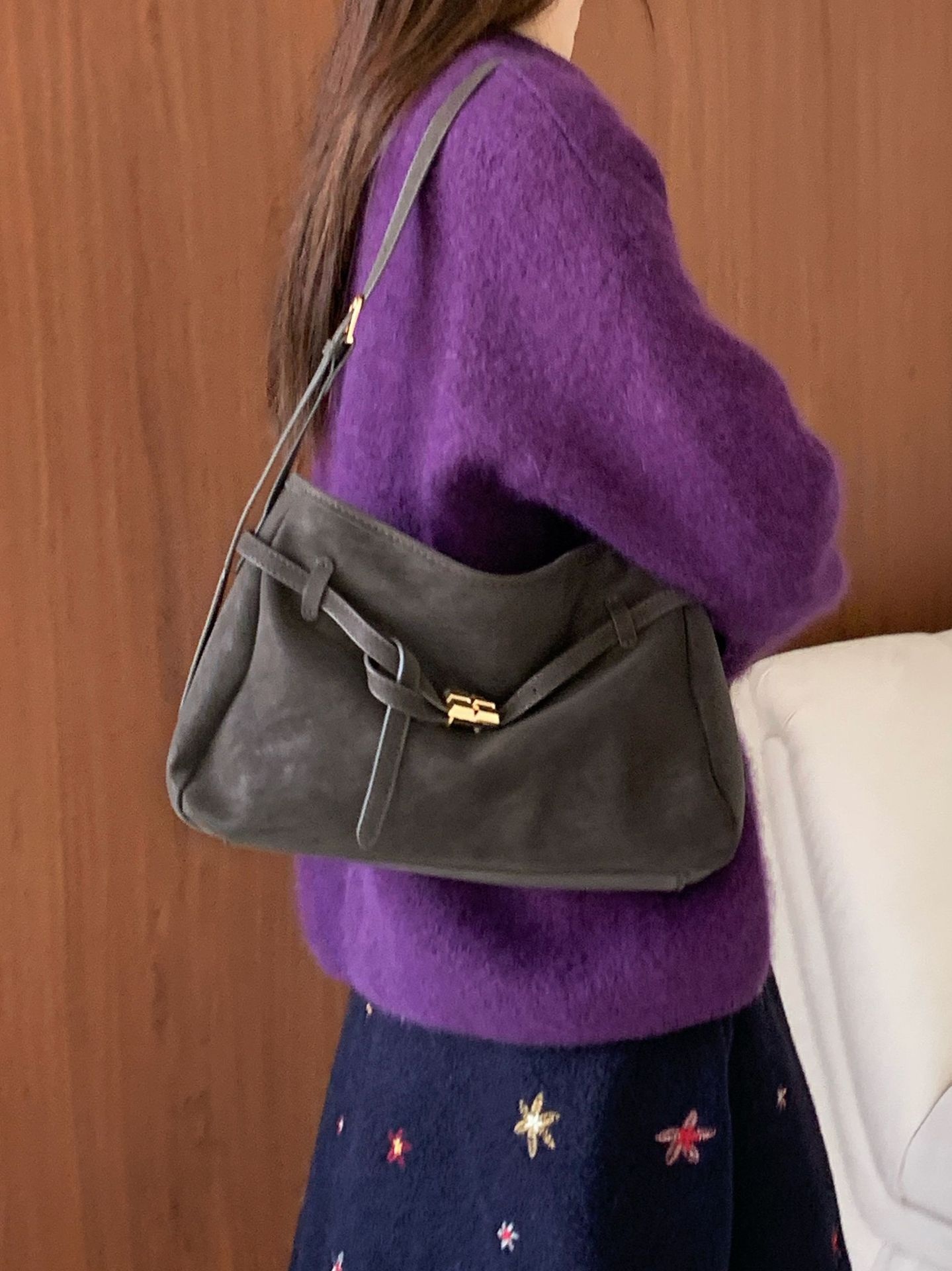 Chic Suede Shoulder Bag with Buckle Detail