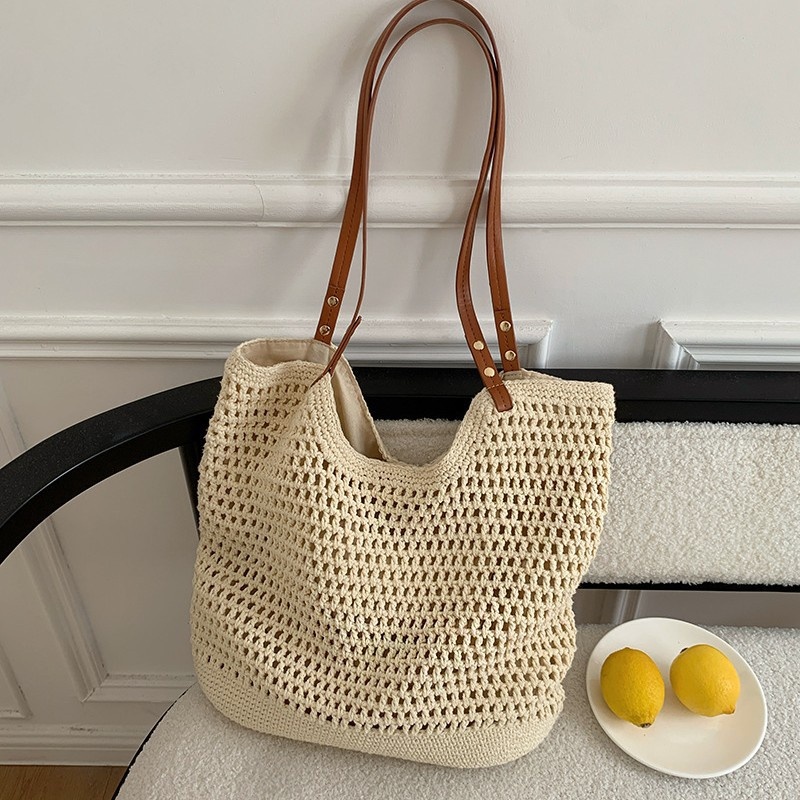 Crochet Knit Beach Tote Bag with Faux Leather Straps