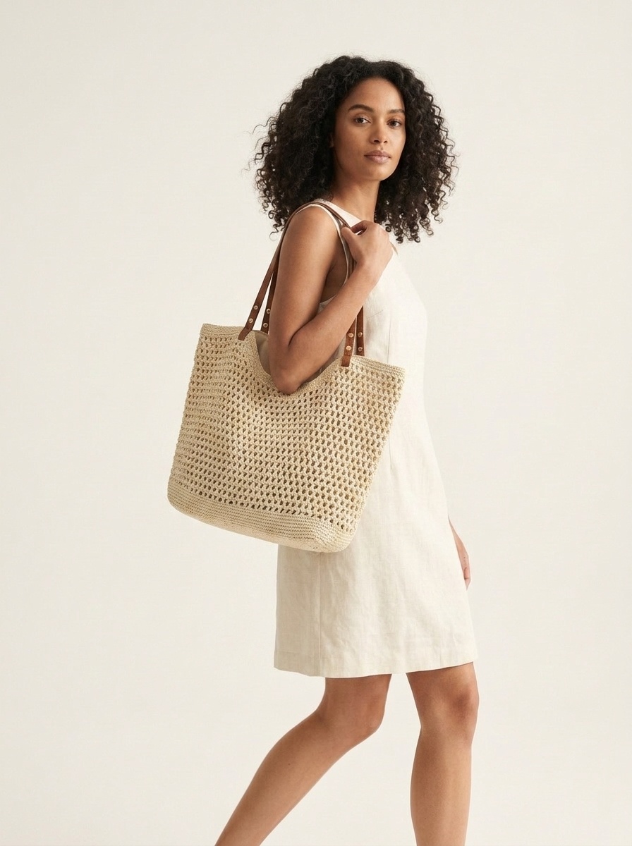 Crochet Knit Beach Tote Bag with Faux Leather Straps