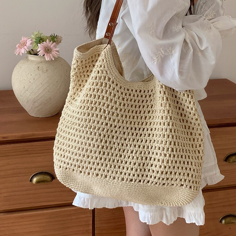 Crochet Knit Beach Tote Bag with Faux Leather Straps