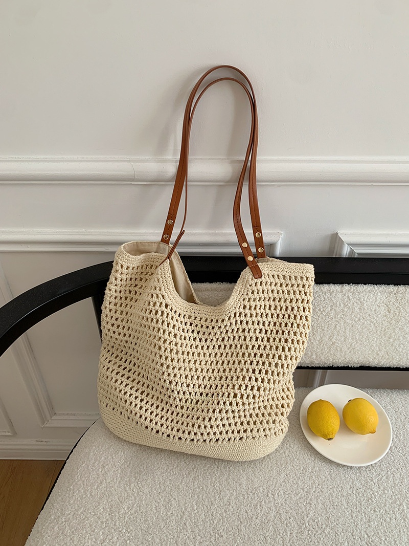Crochet Knit Beach Tote Bag with Faux Leather Straps