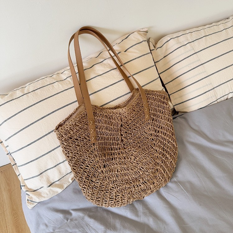 Woven Straw Beach Tote Bag with Faux Leather Straps