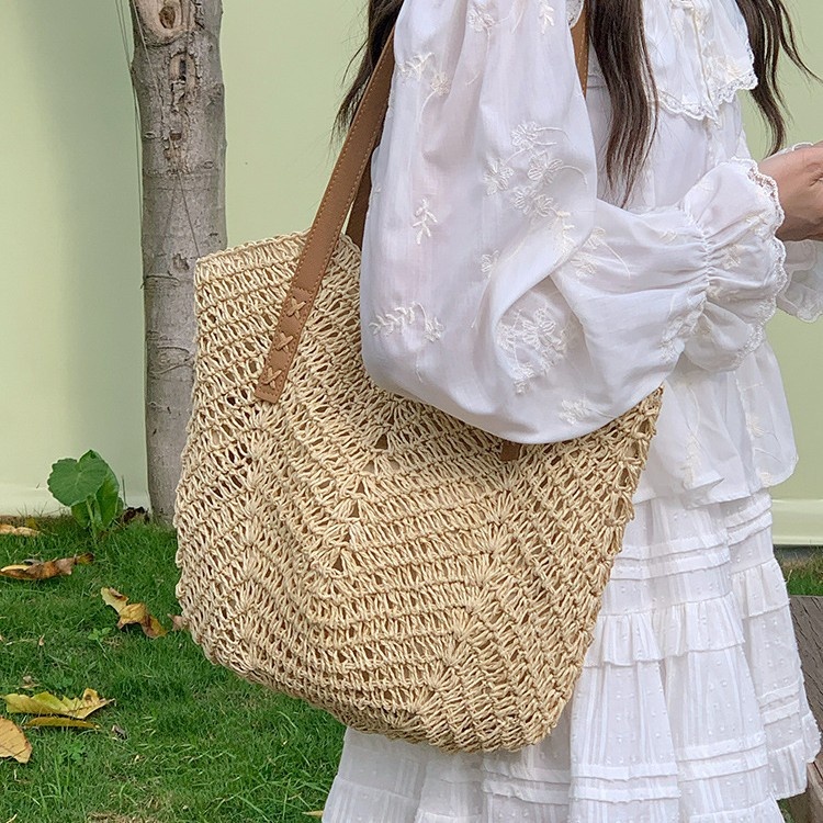 Woven Straw Beach Tote Bag with Faux Leather Straps