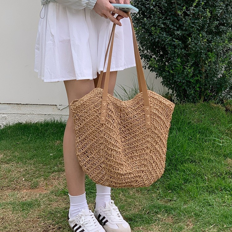 Woven Straw Beach Tote Bag with Faux Leather Straps