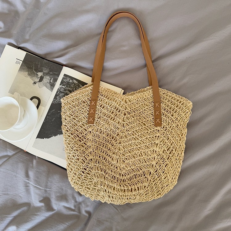 Woven Straw Beach Tote Bag with Faux Leather Straps