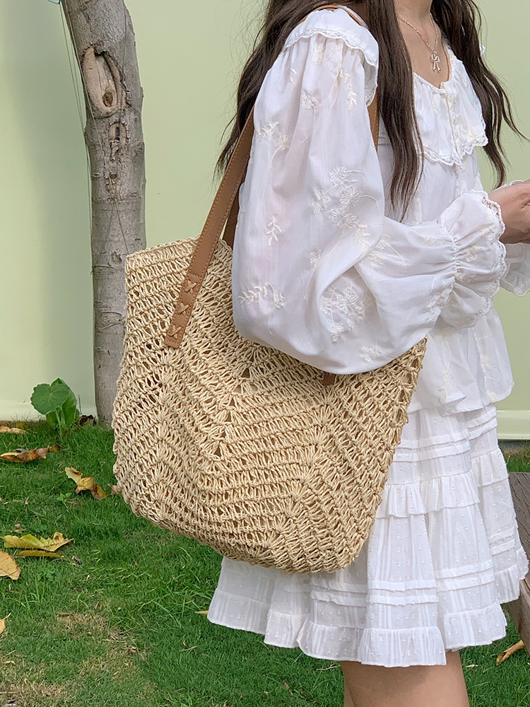 Woven Straw Beach Tote Bag with Faux Leather Straps
