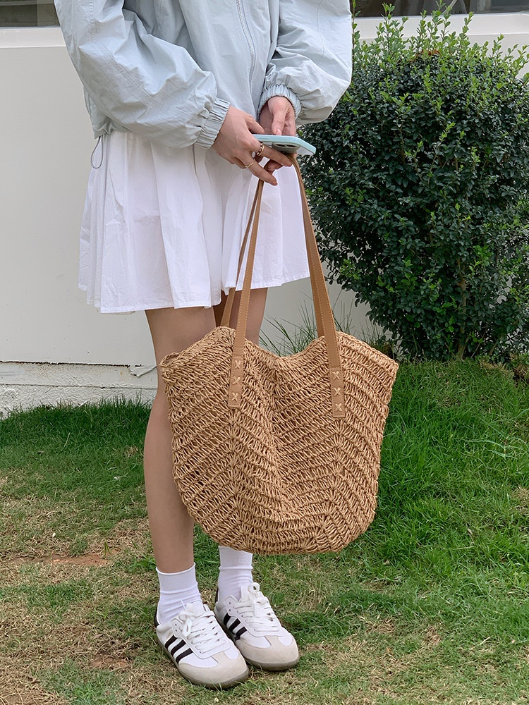 Woven Straw Beach Tote Bag with Faux Leather Straps