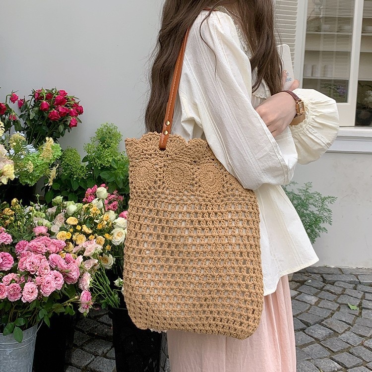Hand-Crocheted Knit Tote Bag with Leather Straps