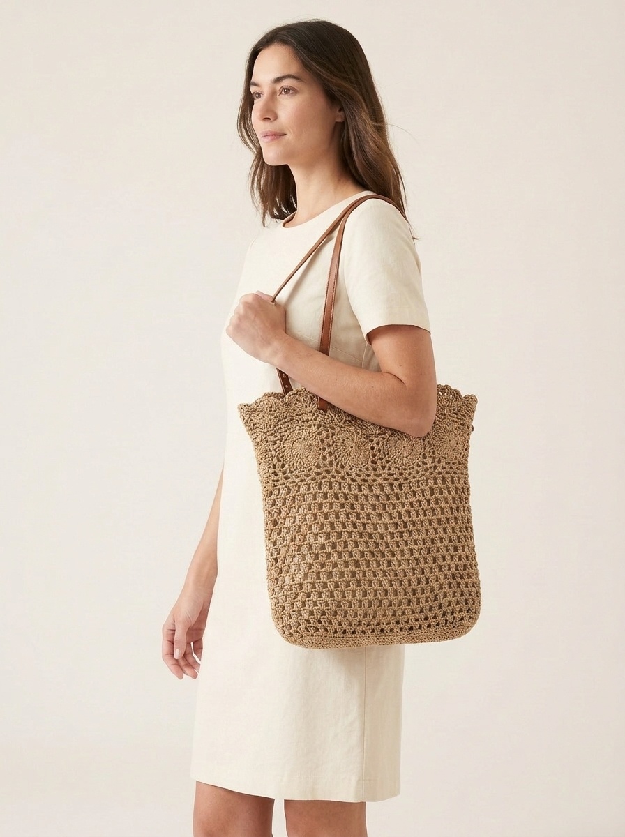 Hand-Crocheted Knit Tote Bag with Leather Straps
