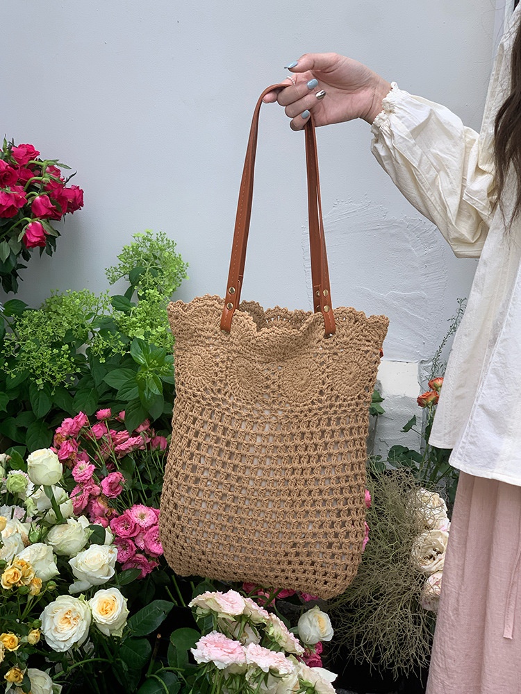 Hand-Crocheted Knit Tote Bag with Leather Straps