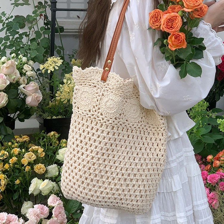 Hand-Crocheted Knit Tote Bag with Leather Straps