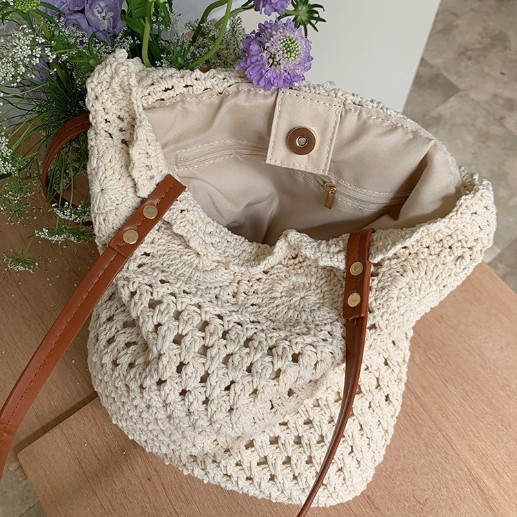 Hand-Crocheted Knit Tote Bag with Leather Straps