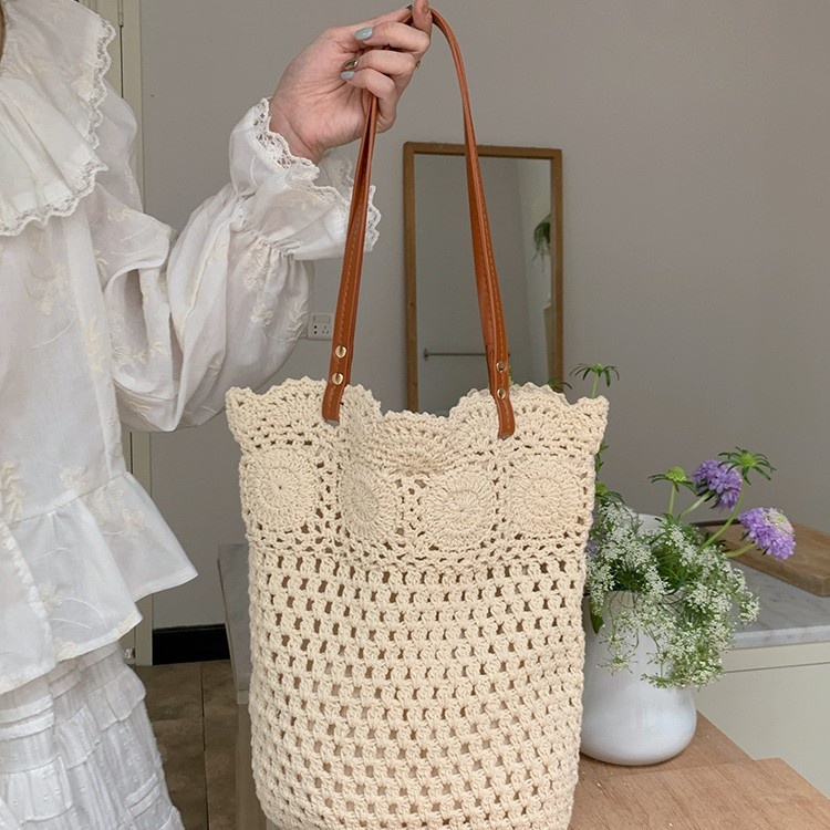 Hand-Crocheted Knit Tote Bag with Leather Straps