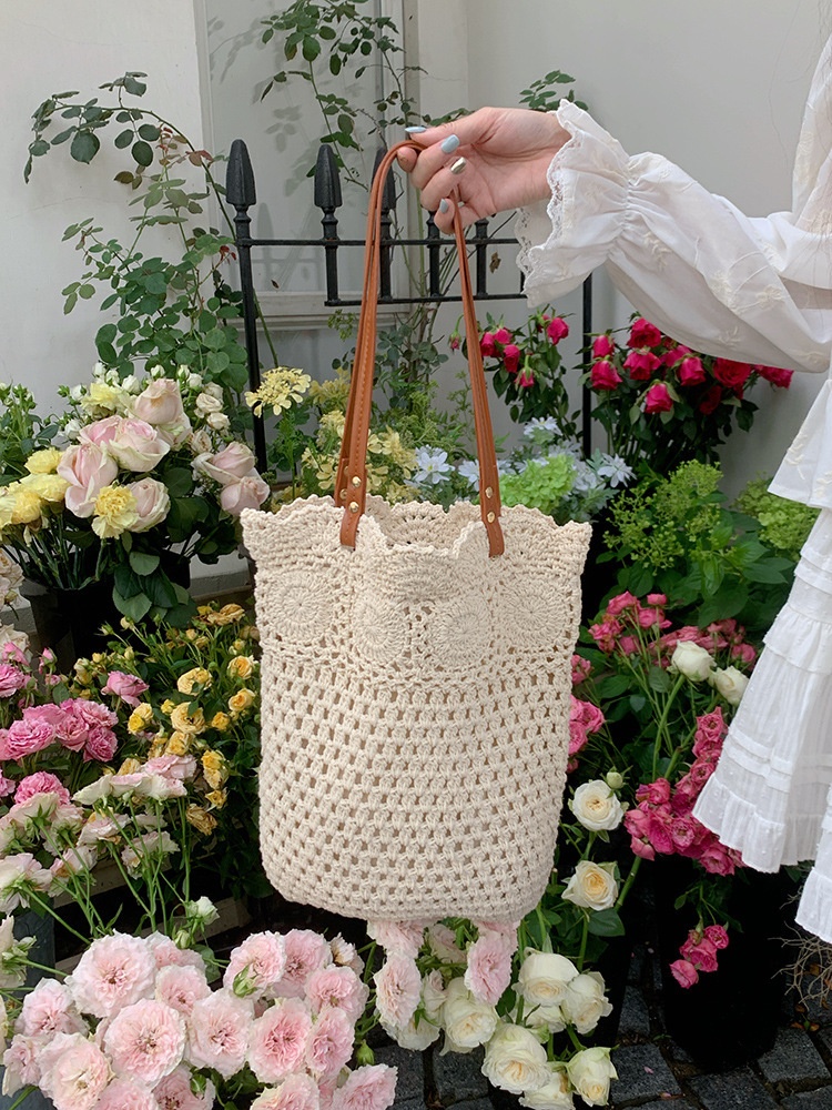 Hand-Crocheted Knit Tote Bag with Leather Straps