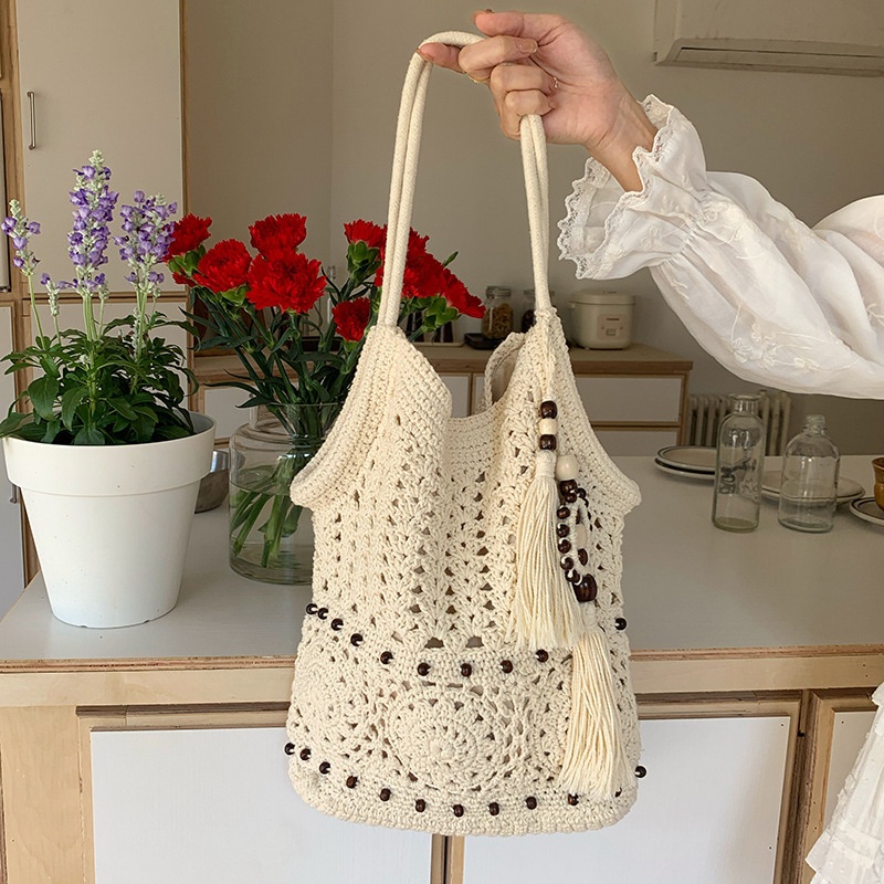 Boho Crochet Knit Tote Bag with Tassels & Beads