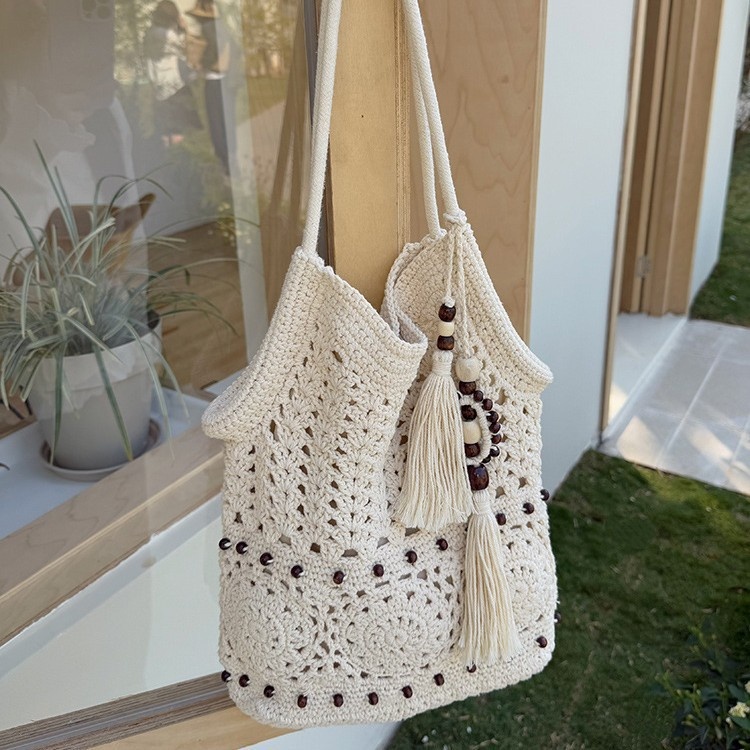 Boho Crochet Knit Tote Bag with Tassels & Beads