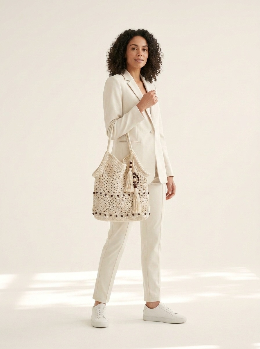 Boho Crochet Knit Tote Bag with Tassels & Beads
