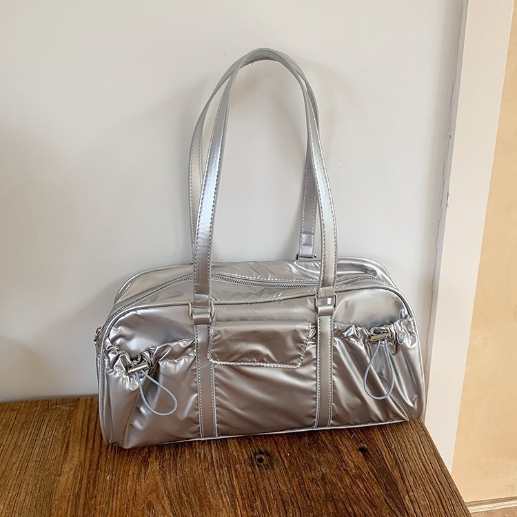 Y2K Metallic Shoulder Bag with Drawstring Pockets