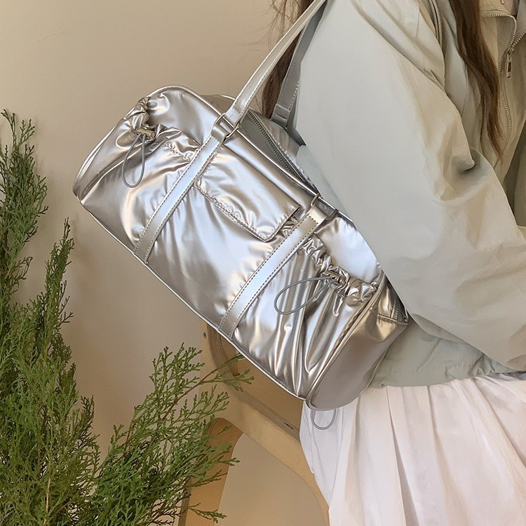 Y2K Metallic Shoulder Bag with Drawstring Pockets