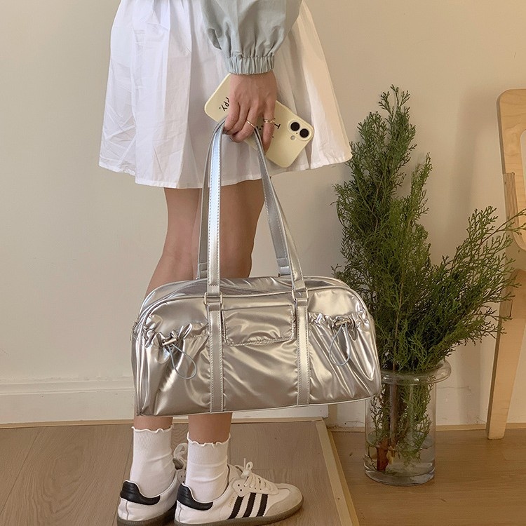 Y2K Metallic Shoulder Bag with Drawstring Pockets