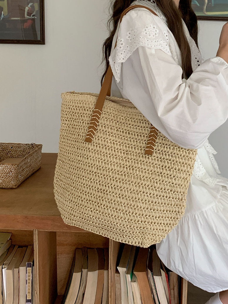 Woven Straw Tote Bag with Leather Handles