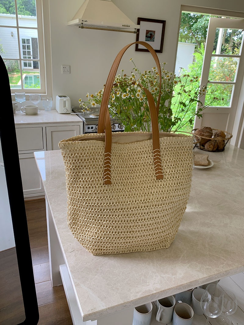 Woven Straw Tote Bag with Leather Handles