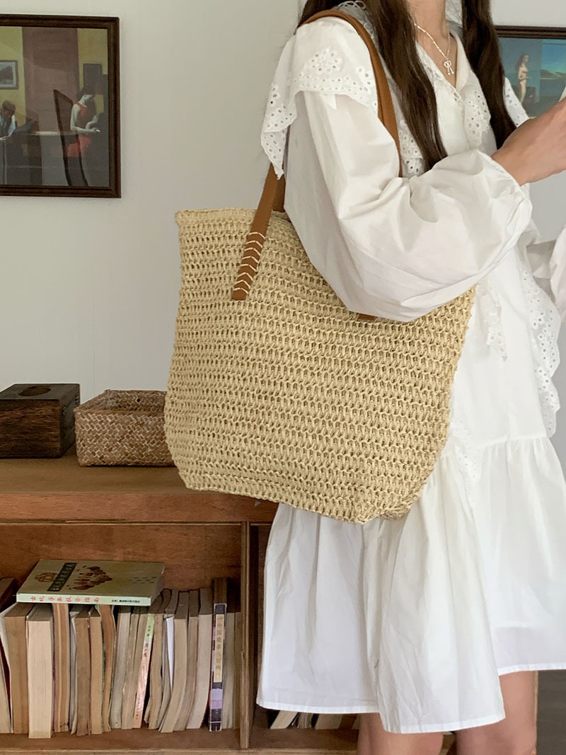 Woven Straw Tote Bag with Leather Handles