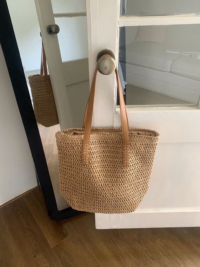 Woven Straw Tote Bag with Leather Handles