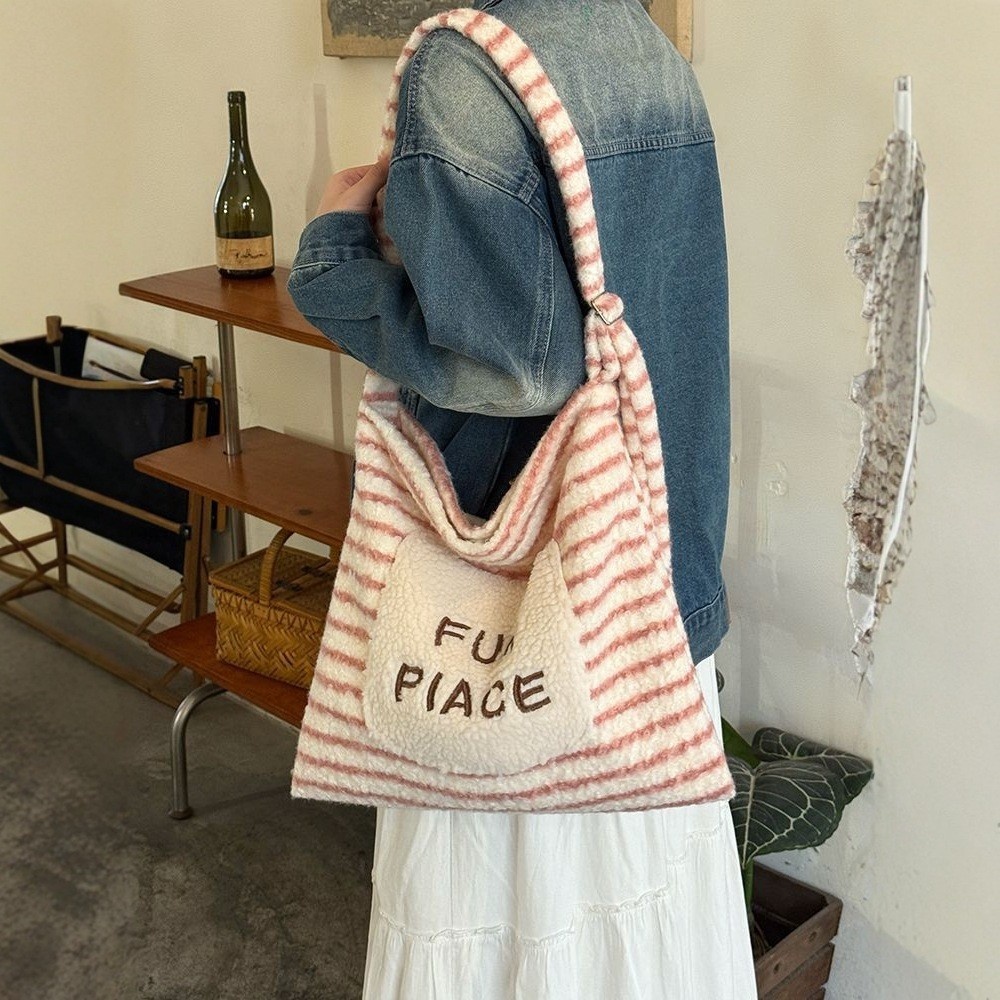 Fuzzy Striped Shoulder Bag with 'Fun Piace' Pocket