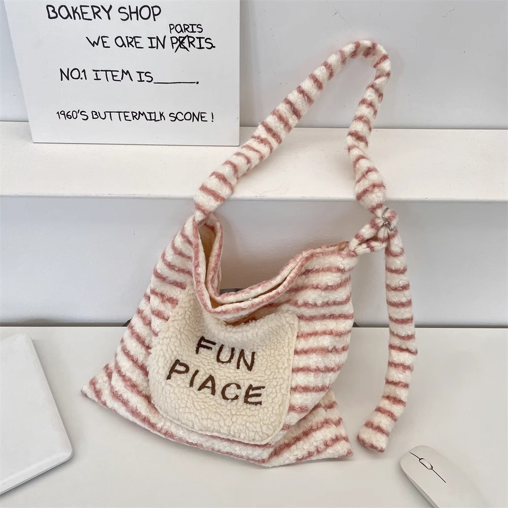 Fuzzy Striped Shoulder Bag with 'Fun Piace' Pocket