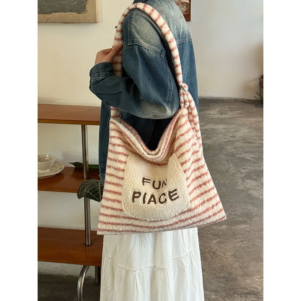 Fuzzy Striped Shoulder Bag with 'Fun Piace' Pocket