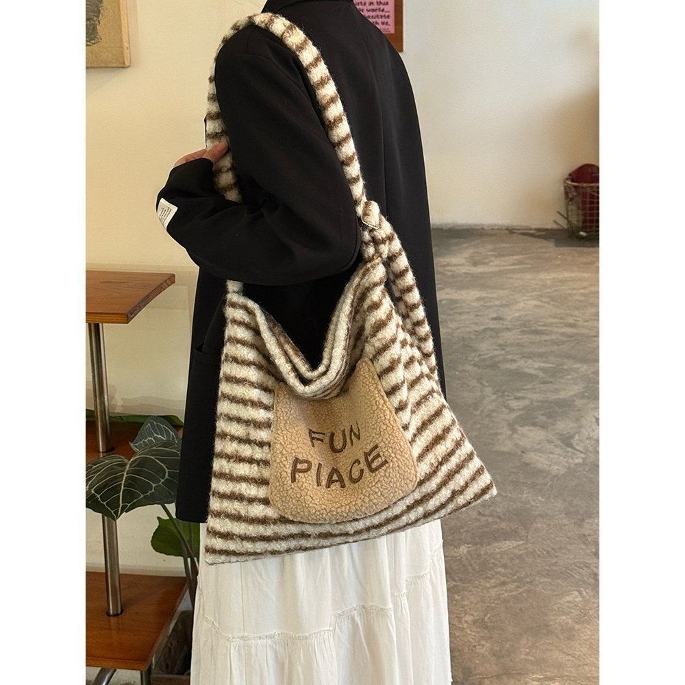Fuzzy Striped Shoulder Bag with 'Fun Piace' Pocket