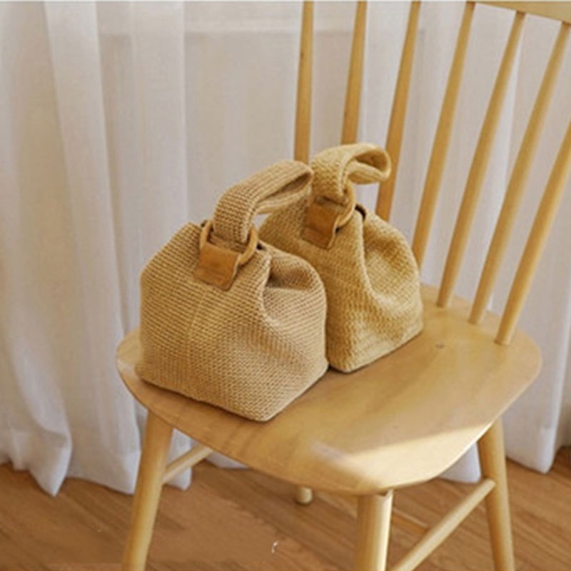 Woven Straw Mini Tote Bag with Wood Ring Handle