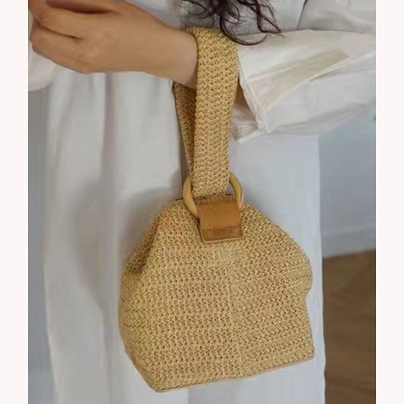 Woven Straw Mini Tote Bag with Wood Ring Handle