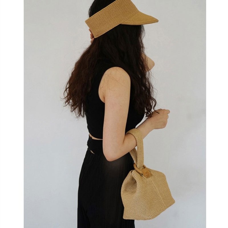 Woven Straw Mini Tote Bag with Wood Ring Handle