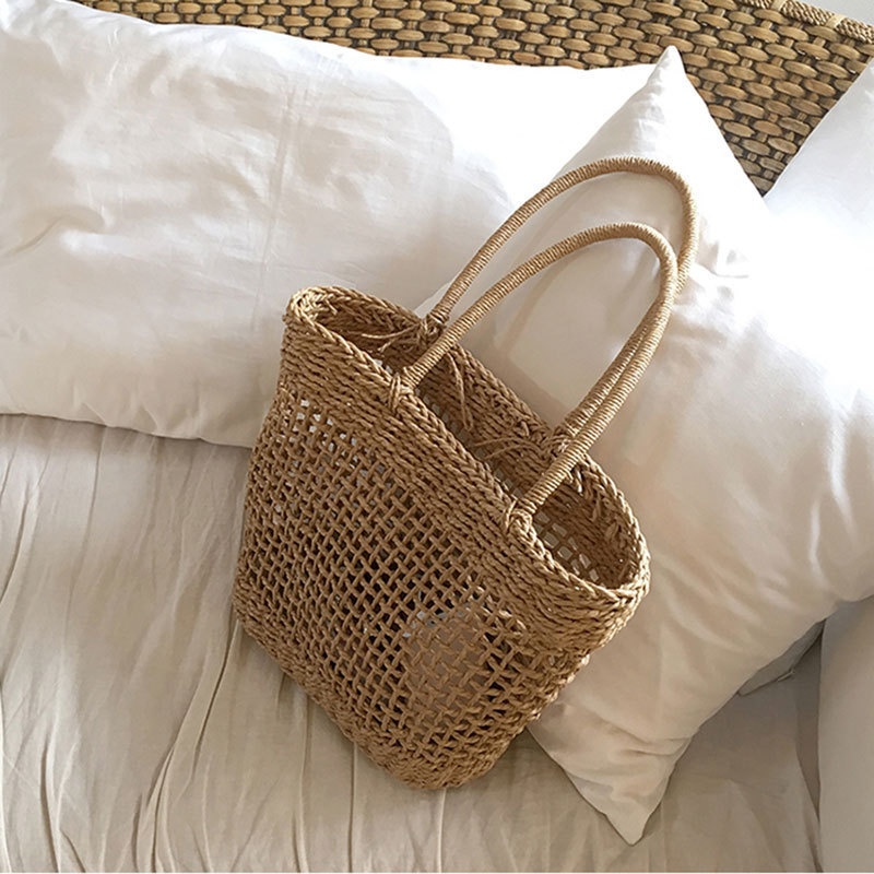 Boho Woven Straw Tote Bag - Open Knit Summer Beach Shopper
