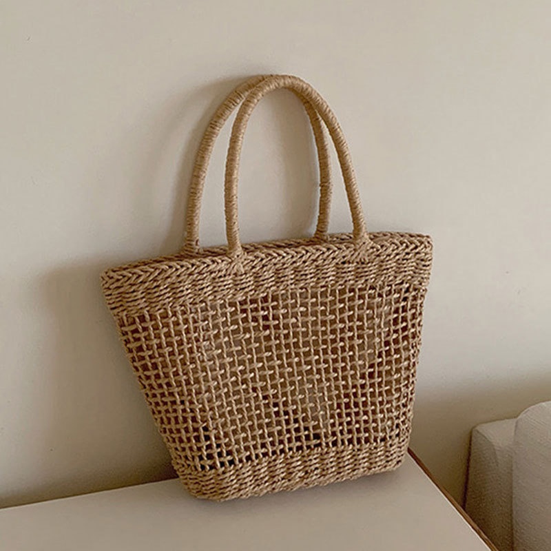 Boho Woven Straw Tote Bag - Open Knit Summer Beach Shopper