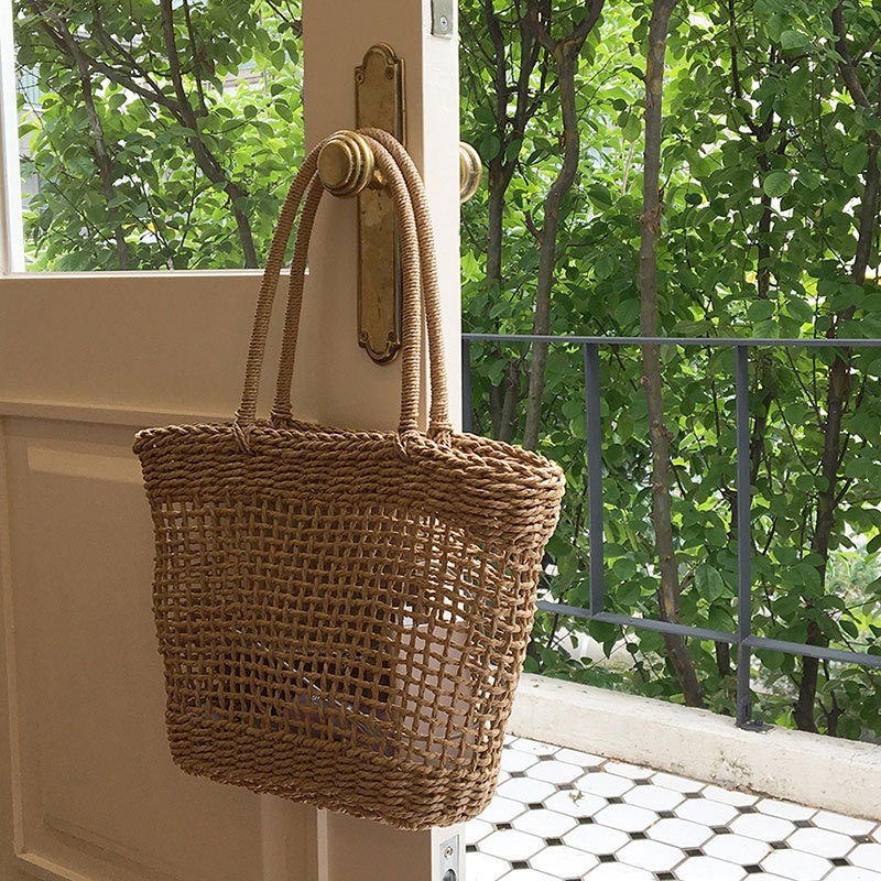Boho Woven Straw Tote Bag - Open Knit Summer Beach Shopper
