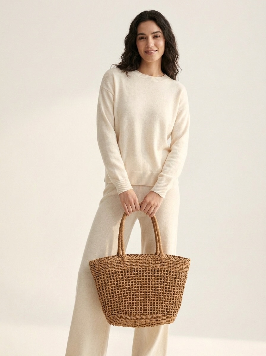 Boho Woven Straw Tote Bag - Open Knit Summer Beach Shopper