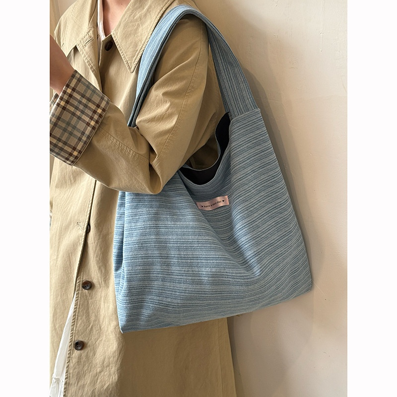 Blue Striped Fabric Tote Bag