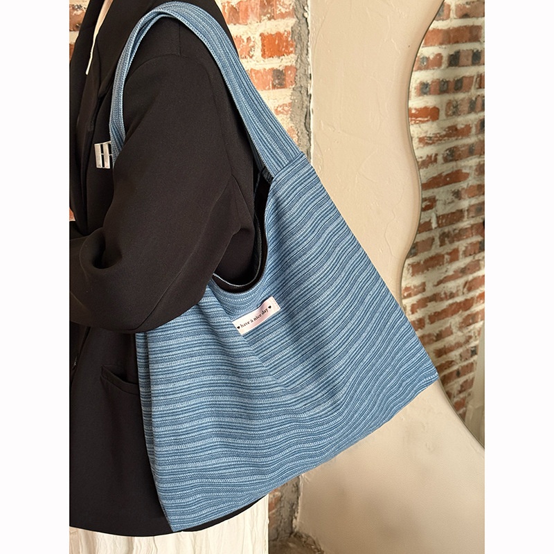 Blue Striped Fabric Tote Bag