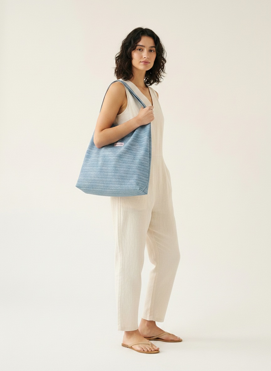 Blue Striped Fabric Tote Bag