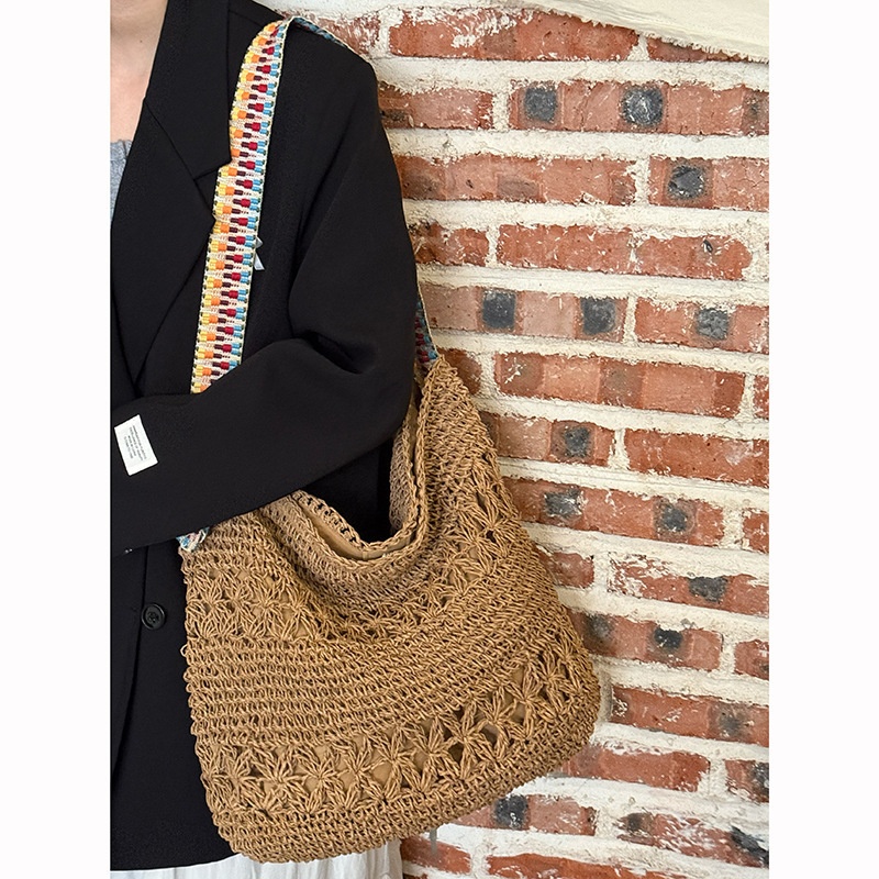 Boho Crochet Straw Shoulder Bag with Rainbow Strap
