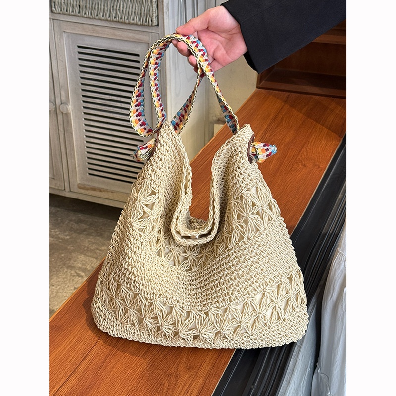 Boho Crochet Straw Shoulder Bag with Rainbow Strap