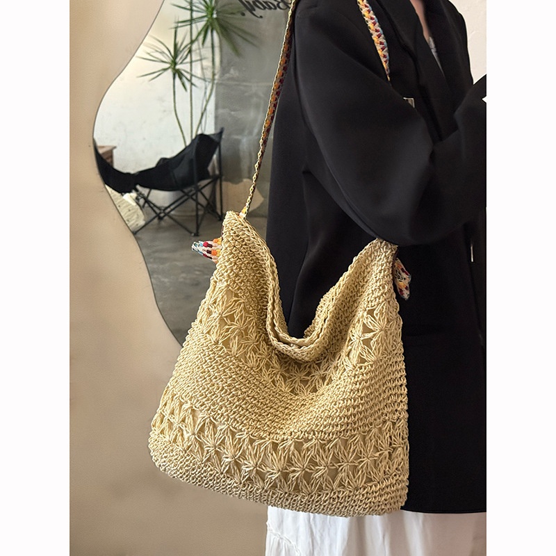 Boho Crochet Straw Shoulder Bag with Rainbow Strap
