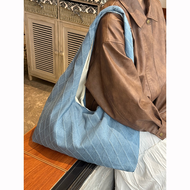 Casual Quilted Denim Shoulder Tote Bag - Everyday Style